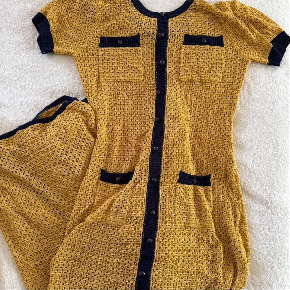 Fashion Nova Mustard Crochet Maxi Dress with Navy Accents